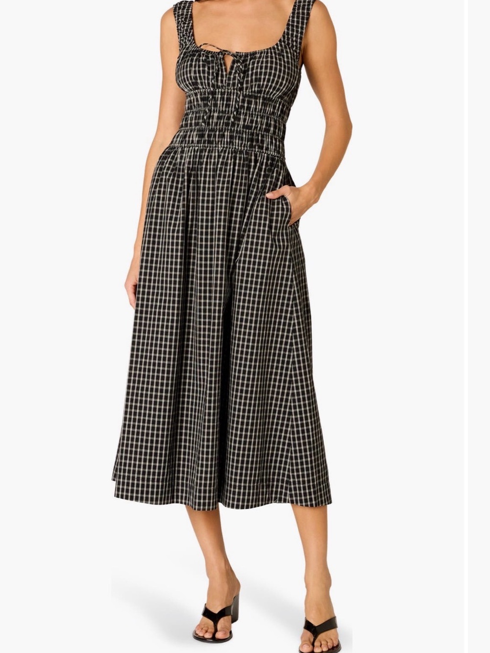 NWOT Nia Salt Black and White Checked Smocked Waist Midi Dress